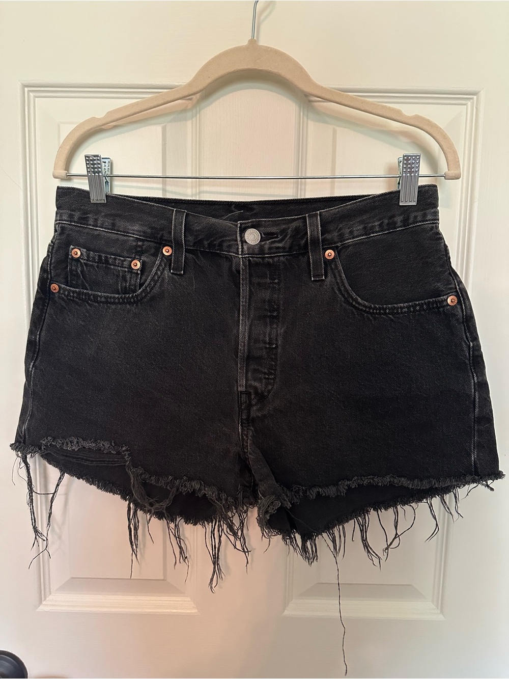 Levi's 501 Black Distressed Frayed Hem Denim Shorts